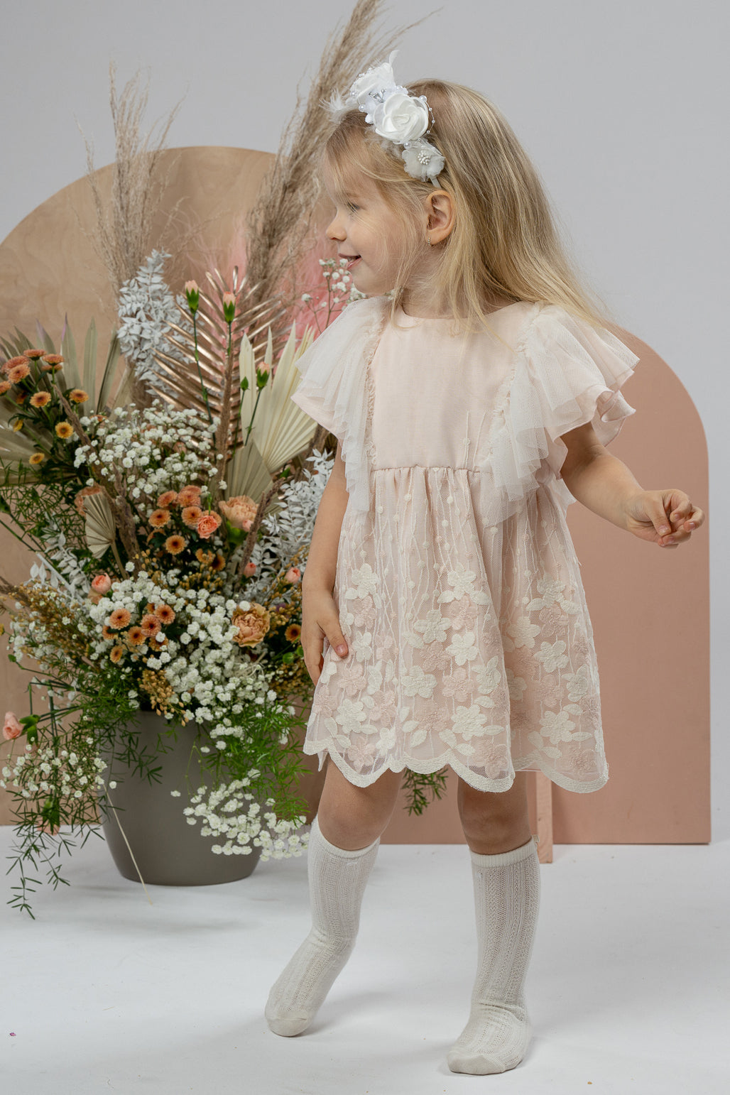 Jamiks "Marianne" Apricot Embroidered Floral Tulle Dress | Millie and John