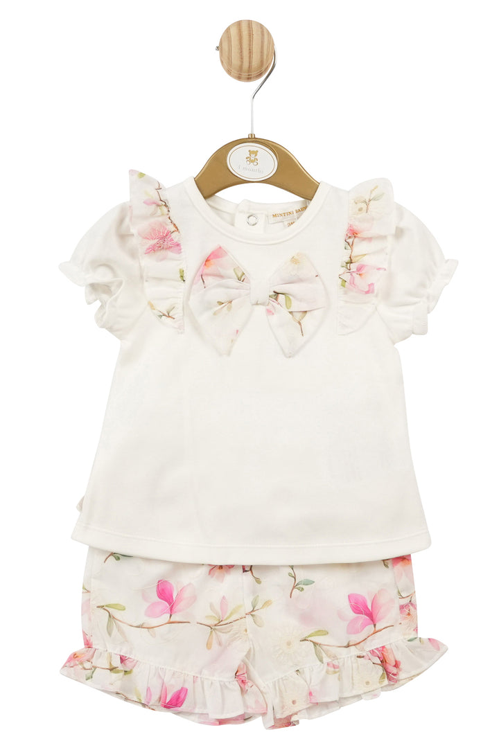 Mintini Baby "Evangeline" White & Pink Floral Top & Shorts | Millie and John