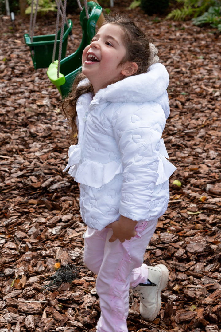 White Padded Heart Faux Fur Coat