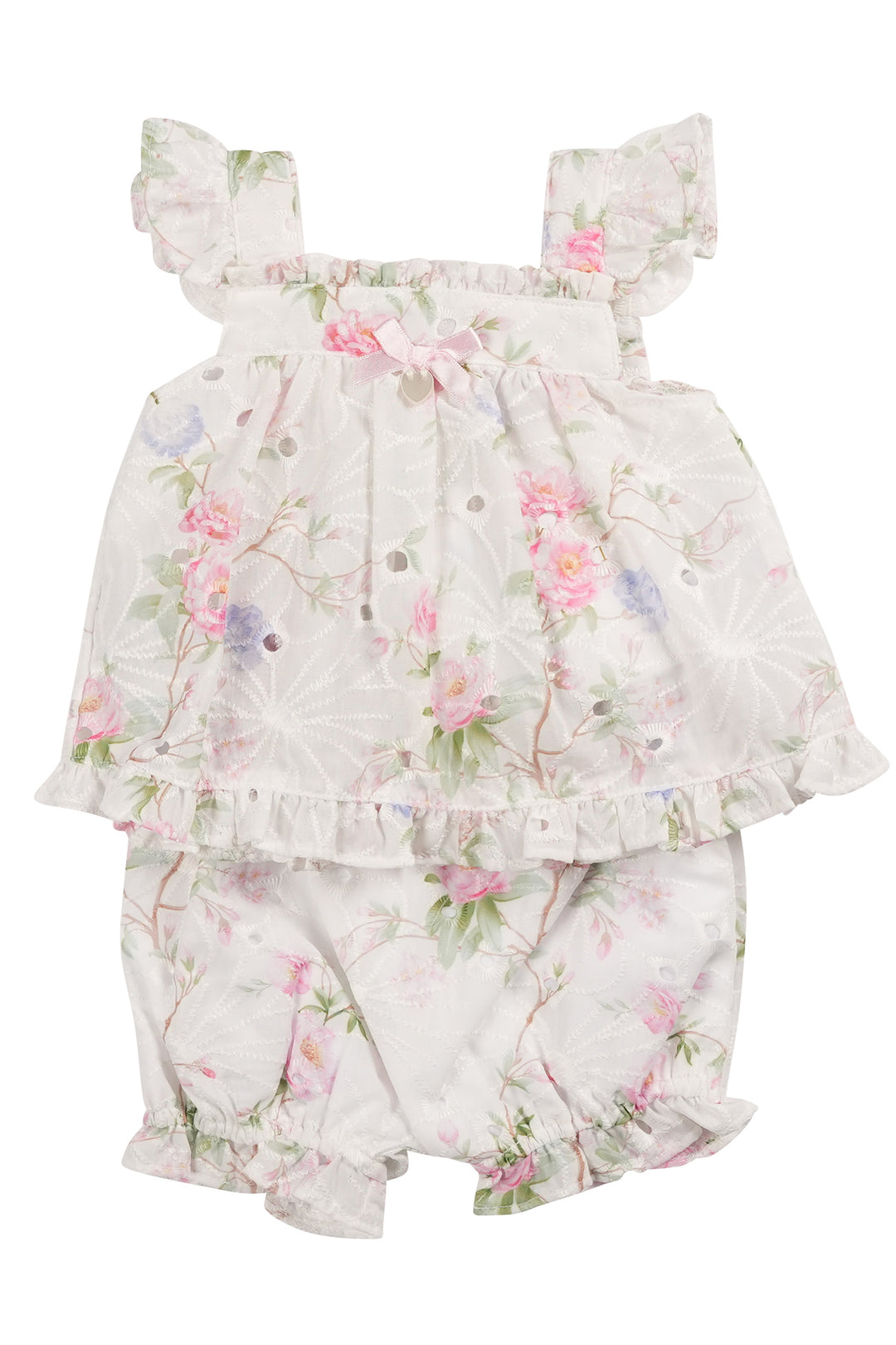 "Mila" Ivory & Pink Floral Broderie Anglaise Top & Bloomers