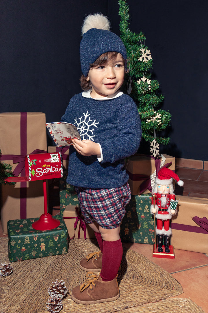 "Jasper" Navy Chenille Snowflake Jumper & Tartan Shorts