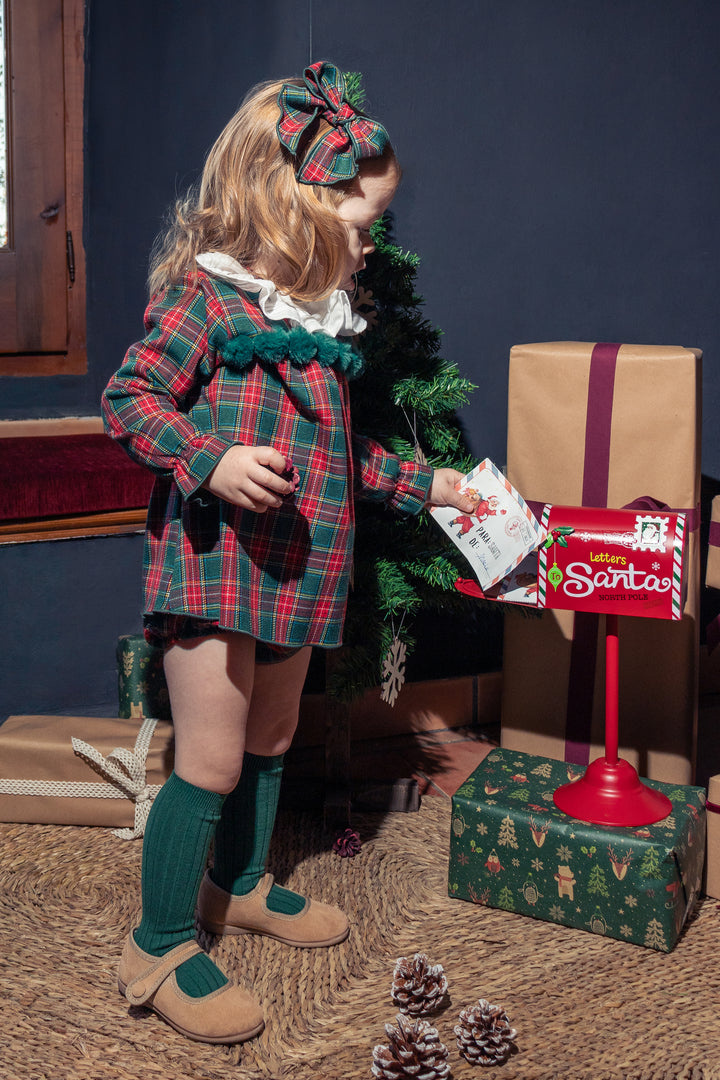 "Nora" Red & Bottle Green Tartan Pom Pom Dress & Bloomers