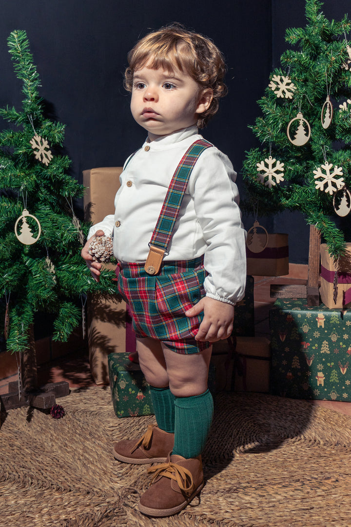 "Tobias" Red & Bottle Green Tartan Shorts & Shirt Set