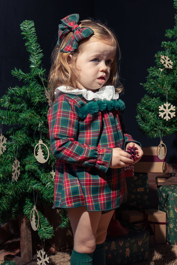 "Nora" Red & Bottle Green Tartan Pom Pom Dress & Bloomers