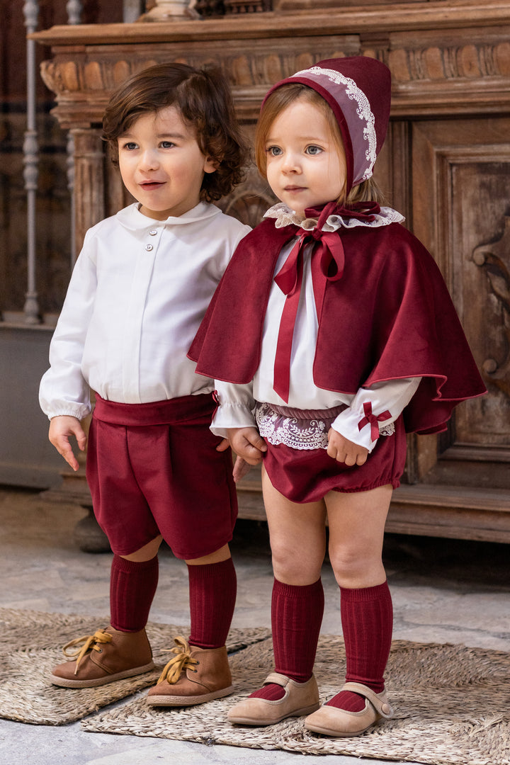 "Sebastian" Traditional Ivory Shirt & Burgundy Velvet Shorts