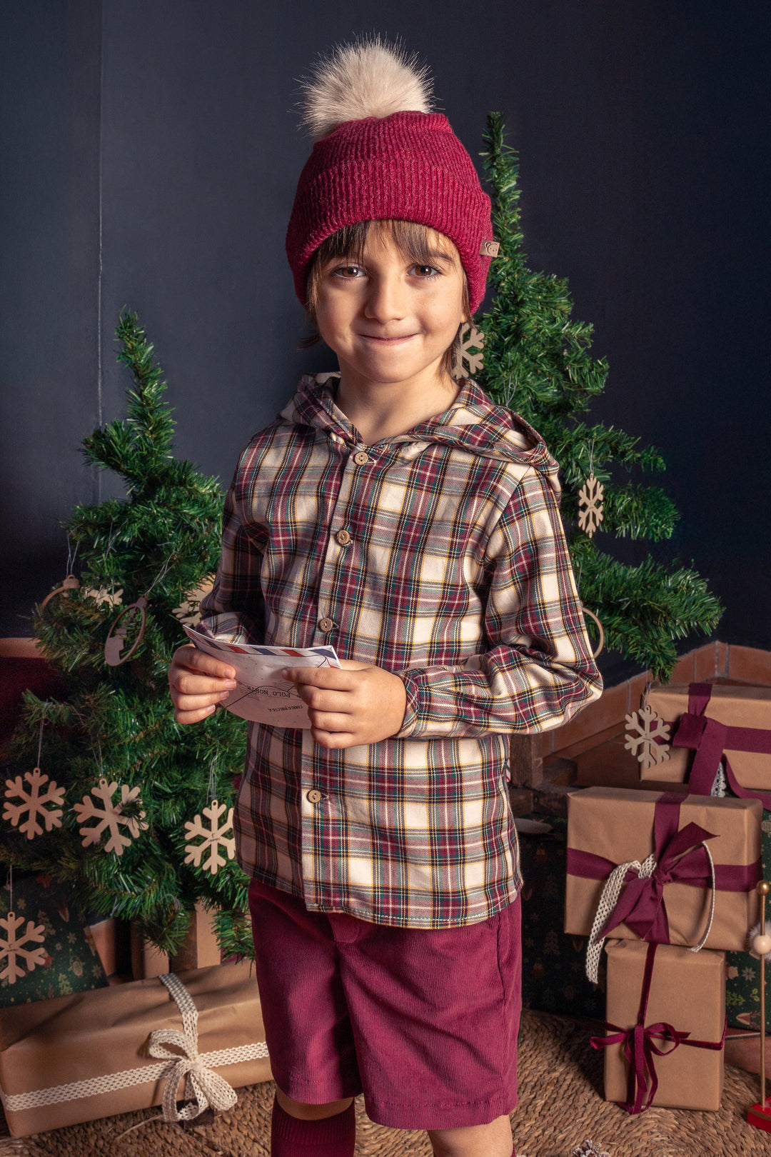 Calamaro "Rafferty" Burgundy & Oatmeal Tartan Hooded Shirt & Shorts | Millie and John