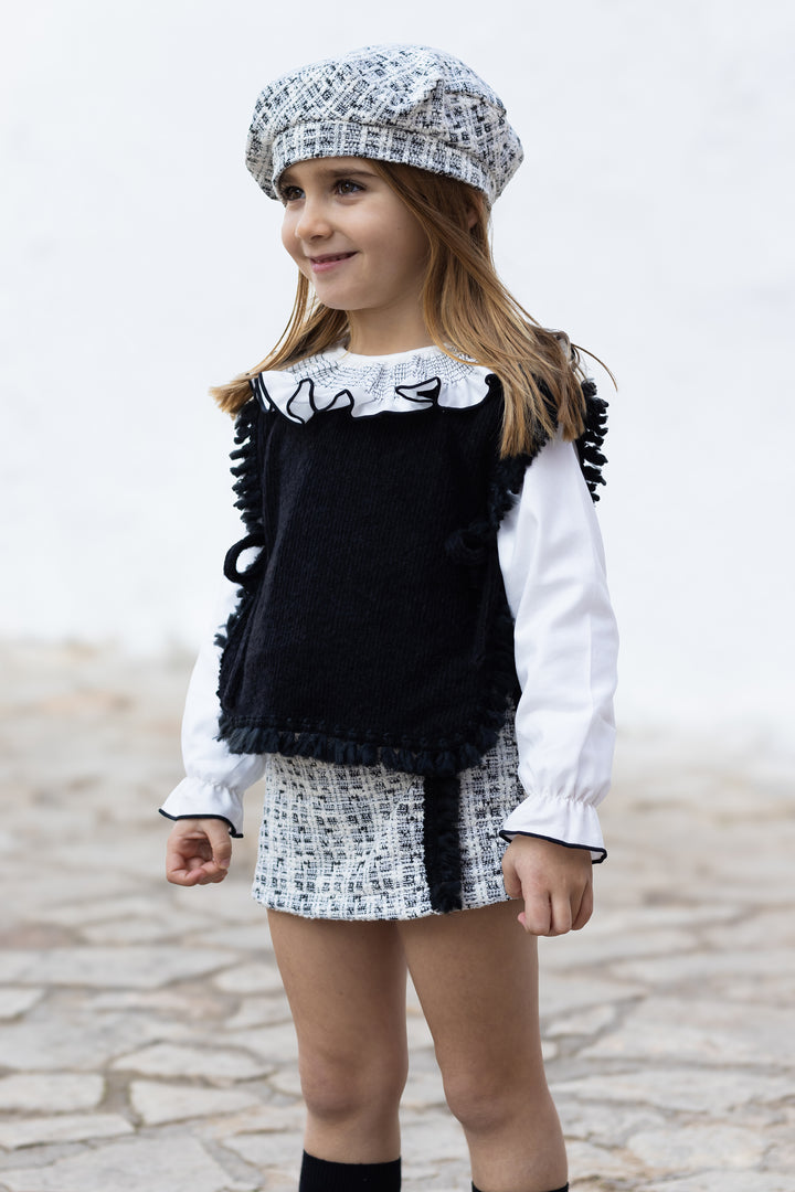 Calamaro "Vivette" Black & White Shimmer Tweed Jumper, Blouse & Skort | Millie and John