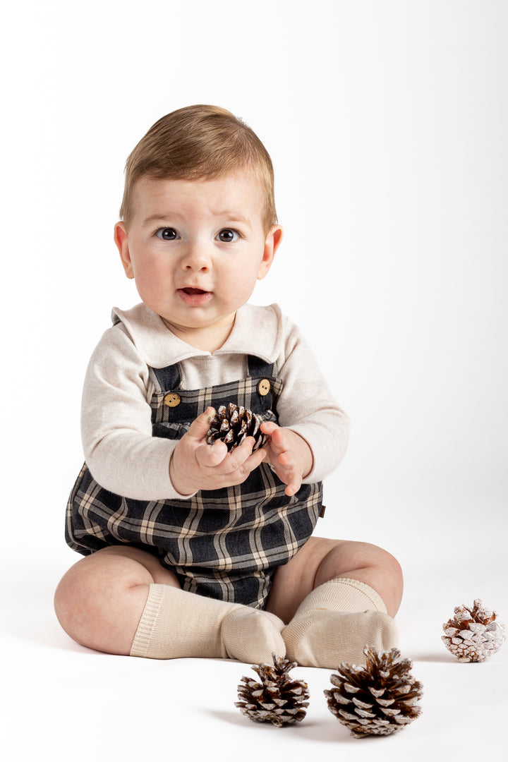 "Rowan" Charcoal & Stone Tartan Romper