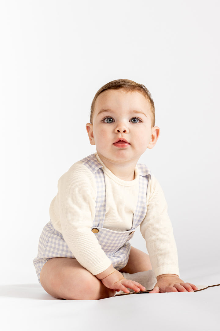PREORDER "Noah" Pale Blue Gingham Dungaree Romper Set