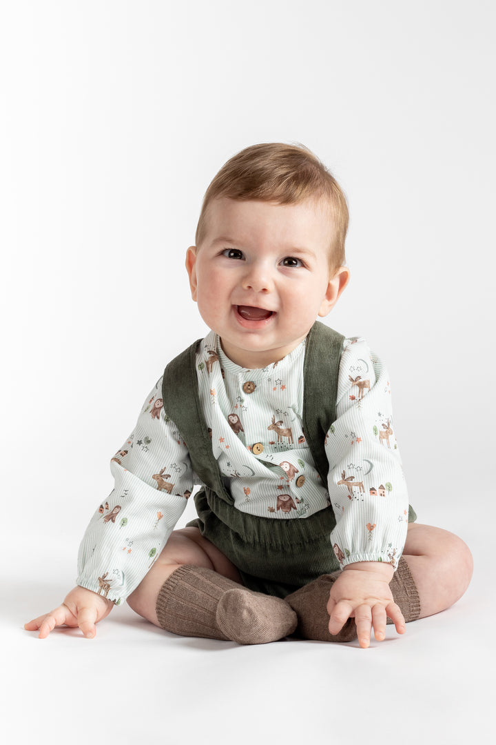 PREORDER "Finn" Sage Green Striped Forest Animals Shirt & Jam Pants