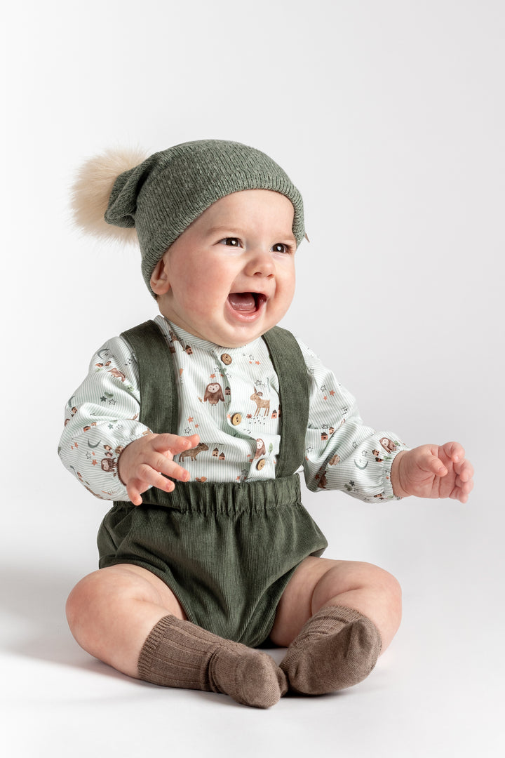 PREORDER "Finn" Sage Green Striped Forest Animals Shirt & Jam Pants