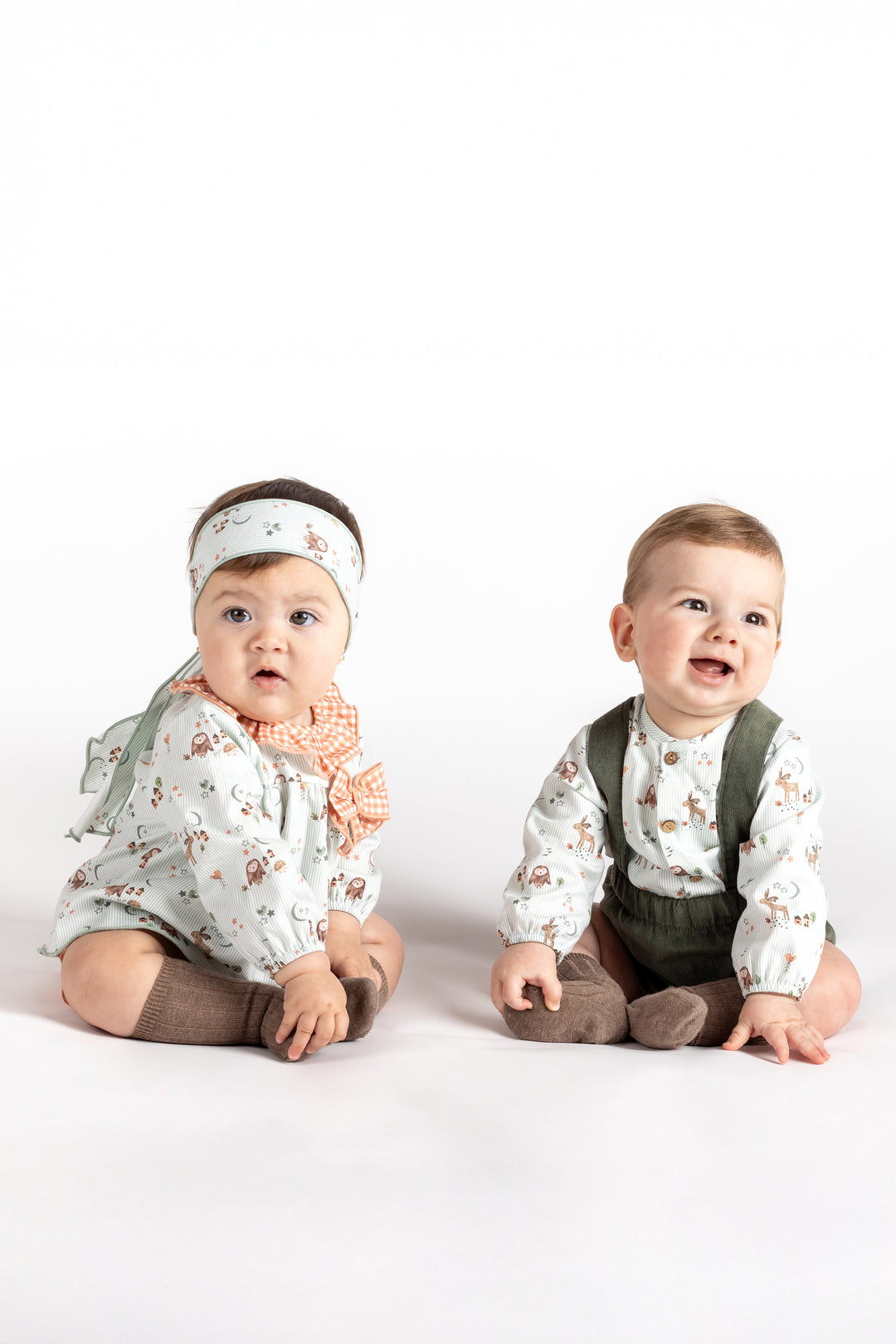 PREORDER "Finn" Sage Green Striped Forest Animals Shirt & Jam Pants