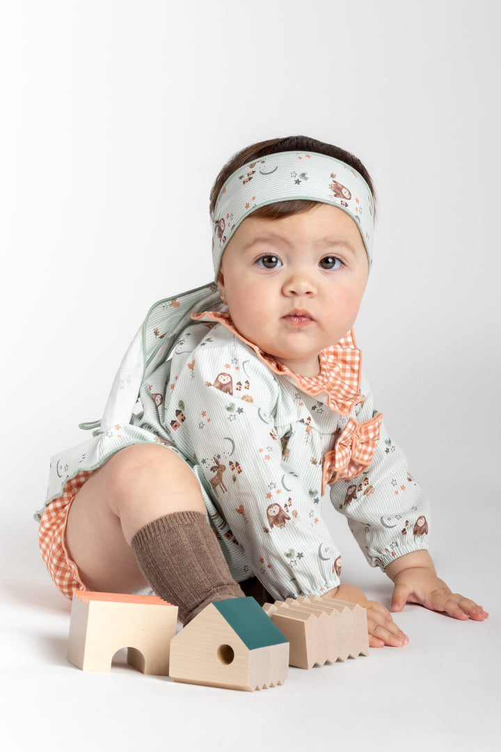 "Willa" Sage Green Striped Forest Animals Dress & Bloomers