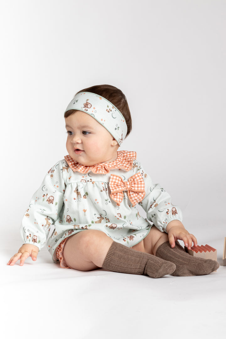 "Willa" Sage Green Striped Forest Animals Dress & Bloomers