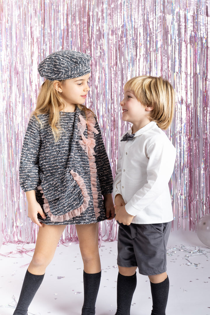 "Violette" Charcoal & Dusky Pink Shimmer Tweed Dress