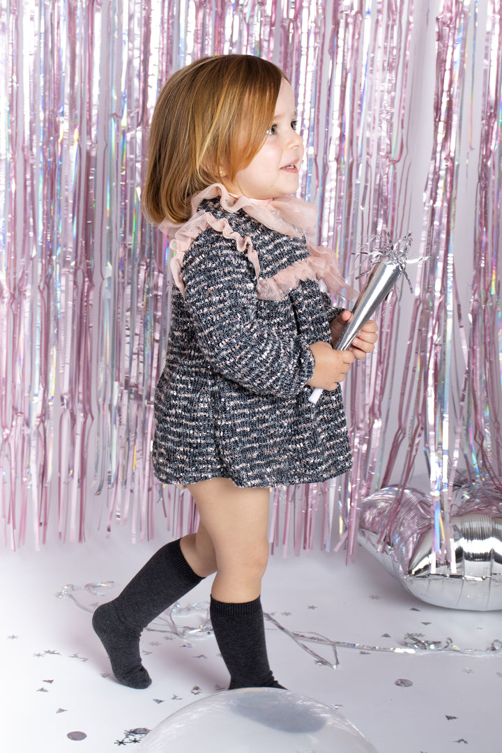 "Odette" Charcoal & Dusky Pink Shimmer Tweed Dress & Bloomers