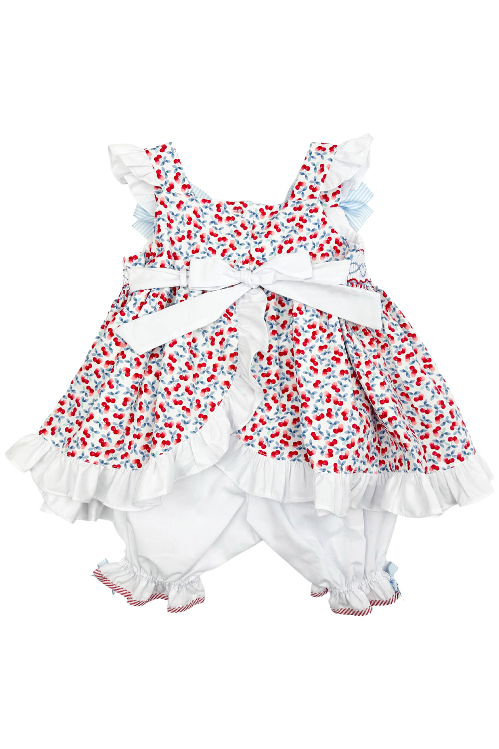 Pretty Originals "Birdie" Red Cherry Print Smocked Dress, Bloomers & Headband | Millie and John