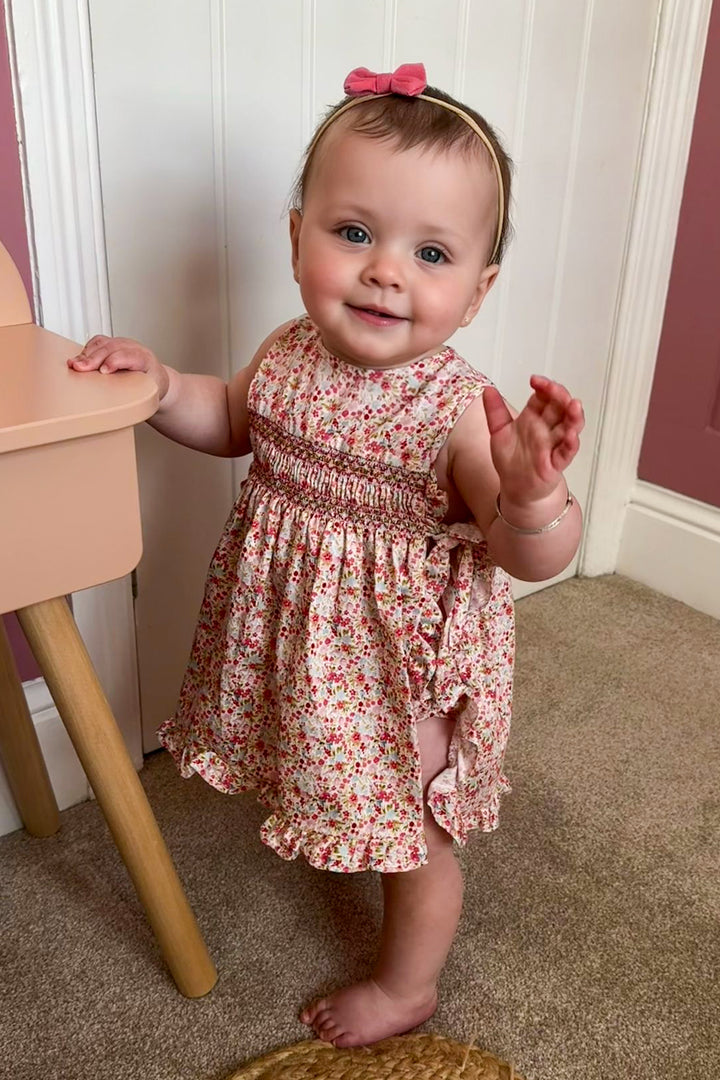 "Madeline" Bright Pink Floral Smocked Dress & Bloomers