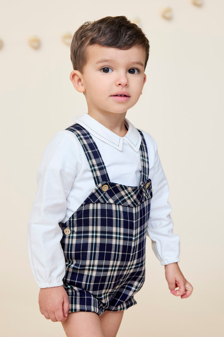 "Ezra" Shirt & Navy Tartan Dungaree Romper