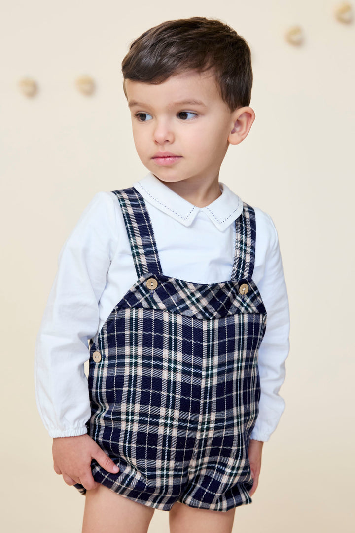 "Ezra" Shirt & Navy Tartan Dungaree Romper