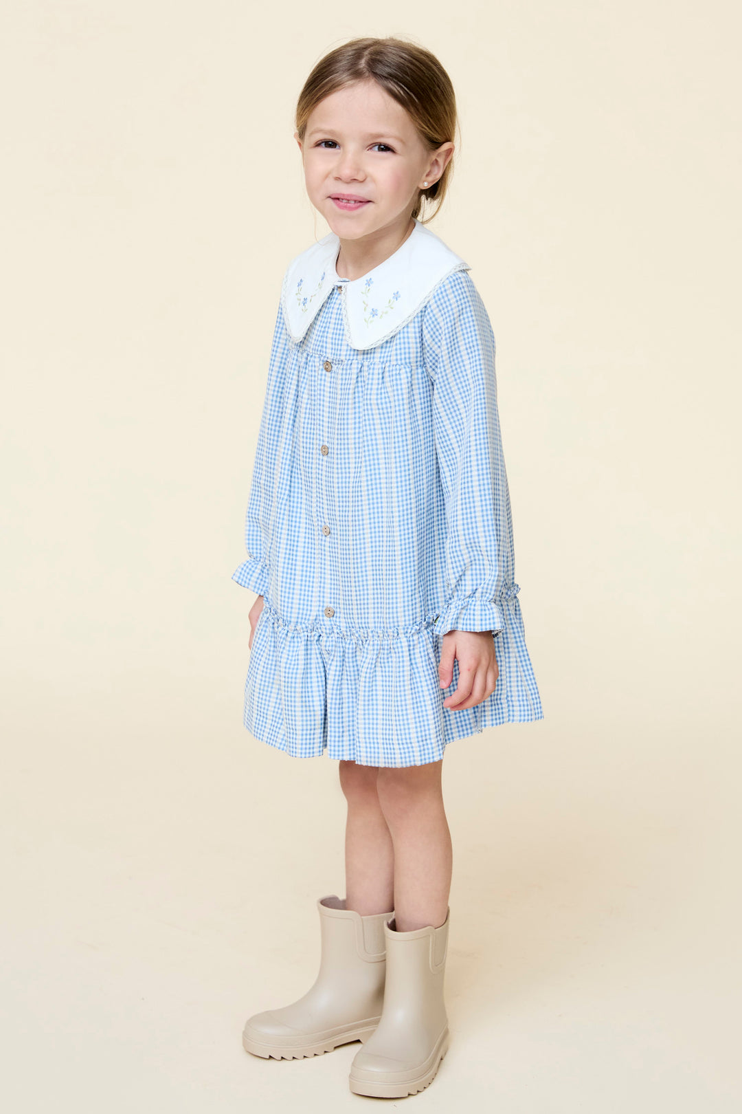 "Ada" Blue Check Embroidered Dress