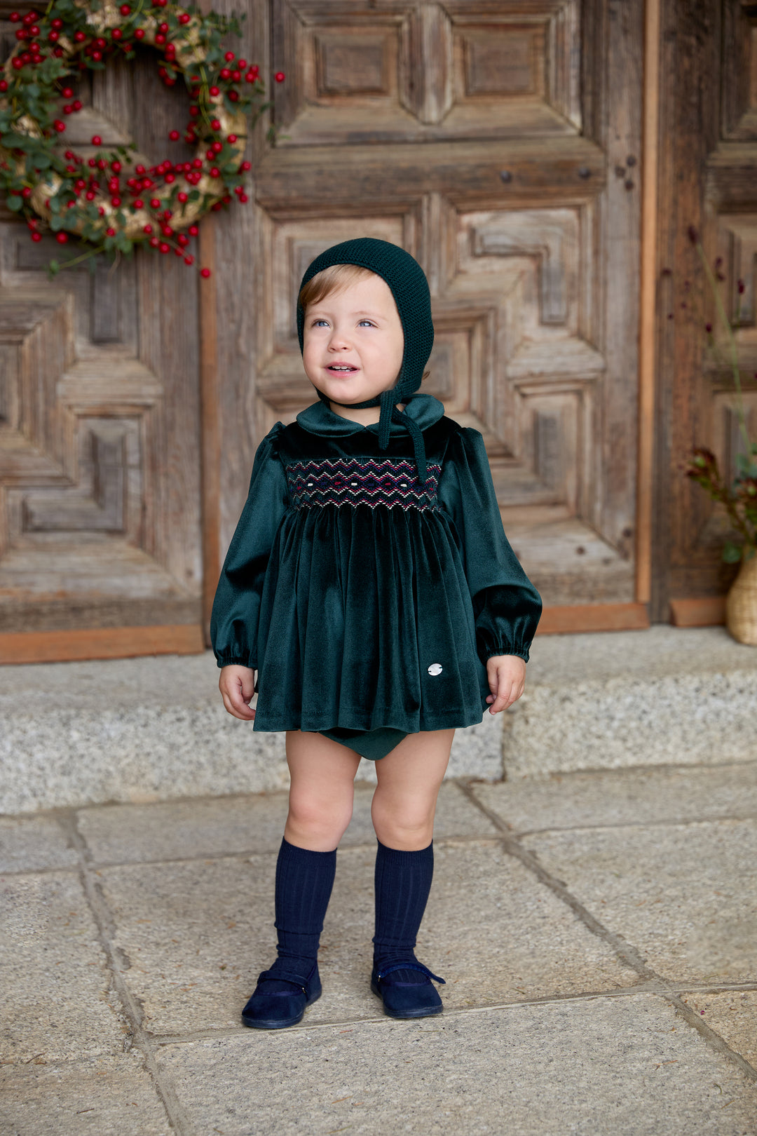 "Dorothy" Bottle Green Velvet Smocked Dress &amp; Bloomers