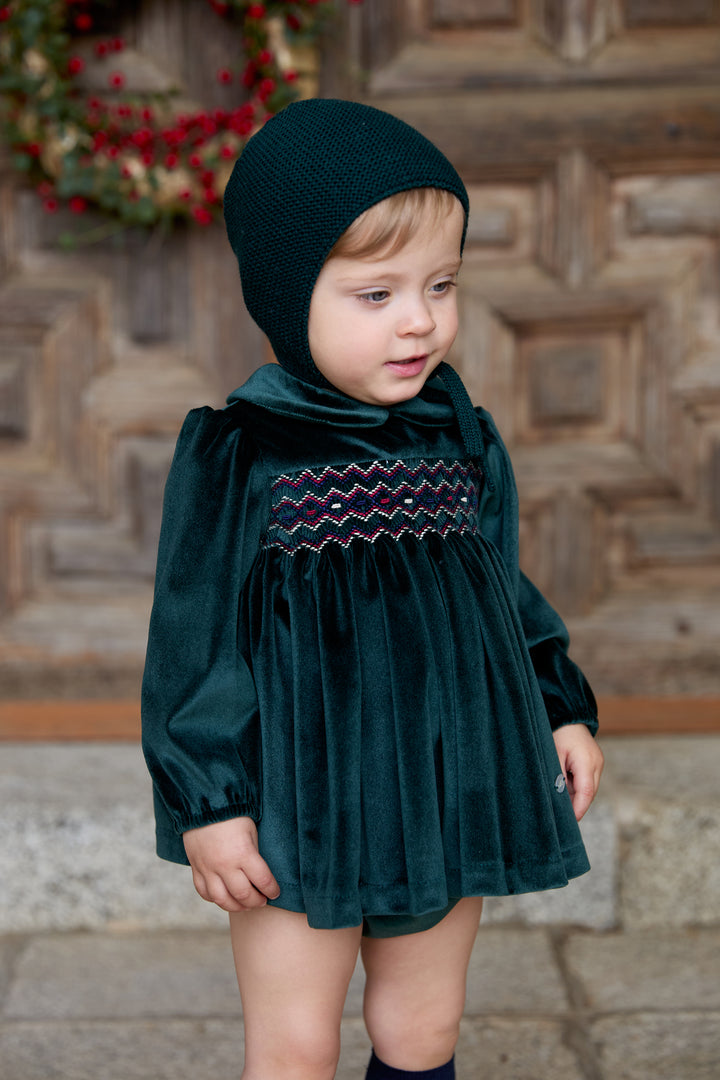 "Dorothy" Bottle Green Velvet Smocked Dress &amp; Bloomers