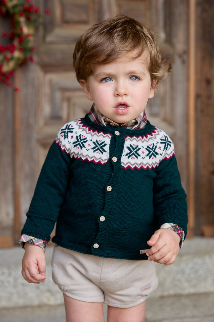 "Rowan" Bottle Green Fair Isle Knitted Cardigan