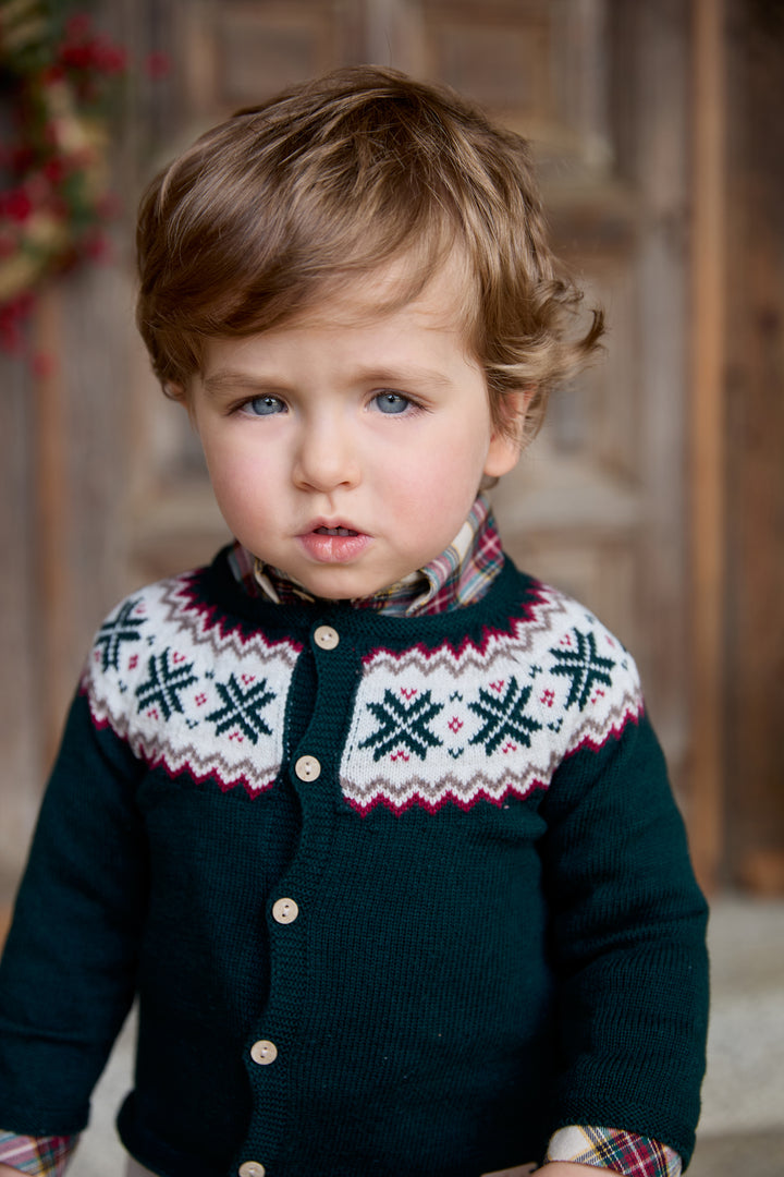 "Rowan" Bottle Green Fair Isle Knitted Cardigan