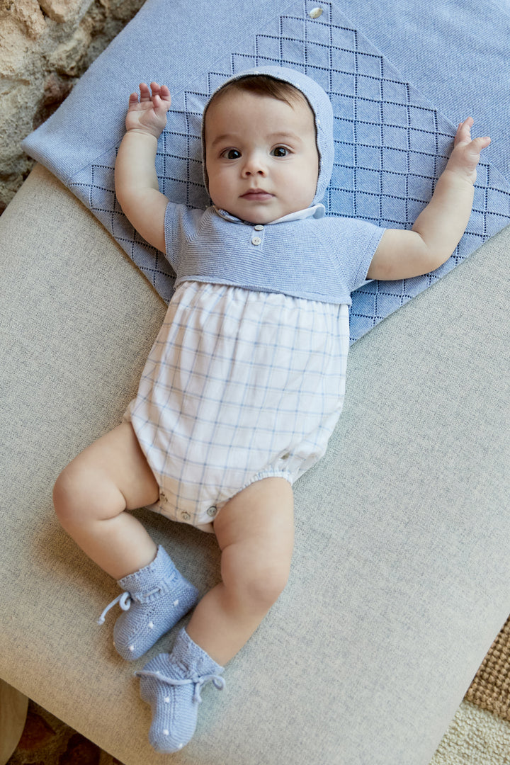 "Rupert" Sky Blue Half Knit Checked Romper