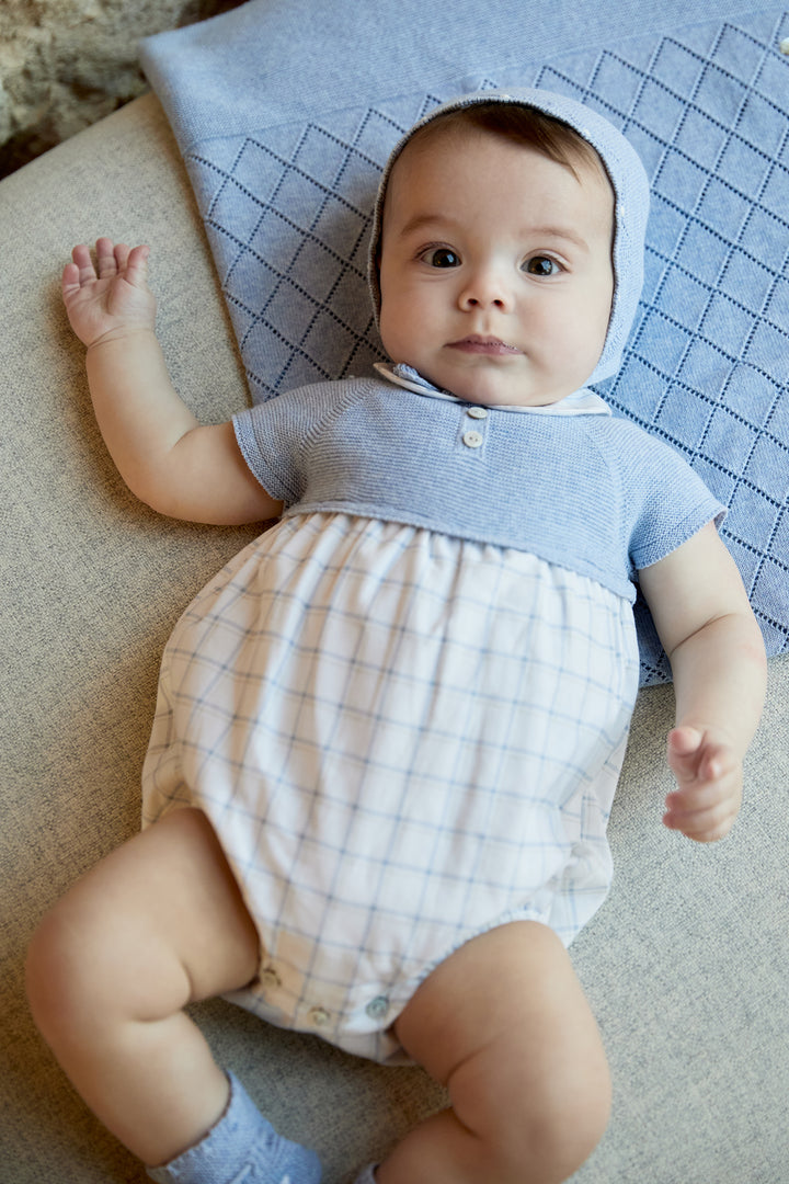 "Rupert" Sky Blue Half Knit Checked Romper