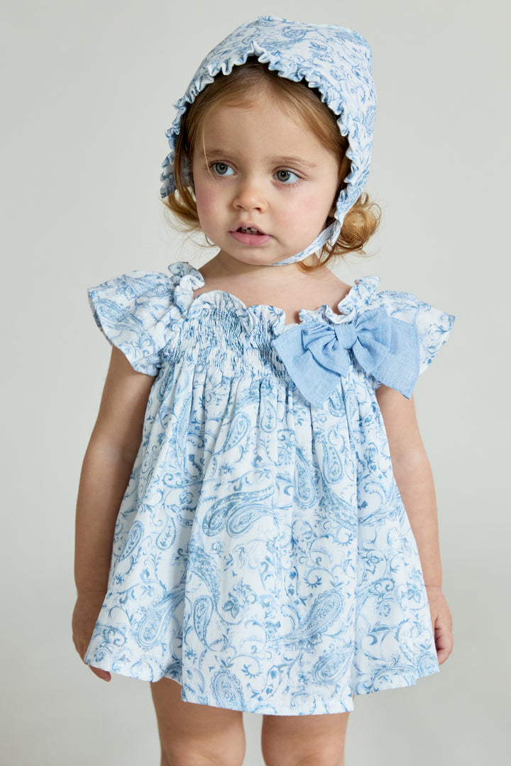 "Theodora" Blue Paisley Bow Dress & Bloomers