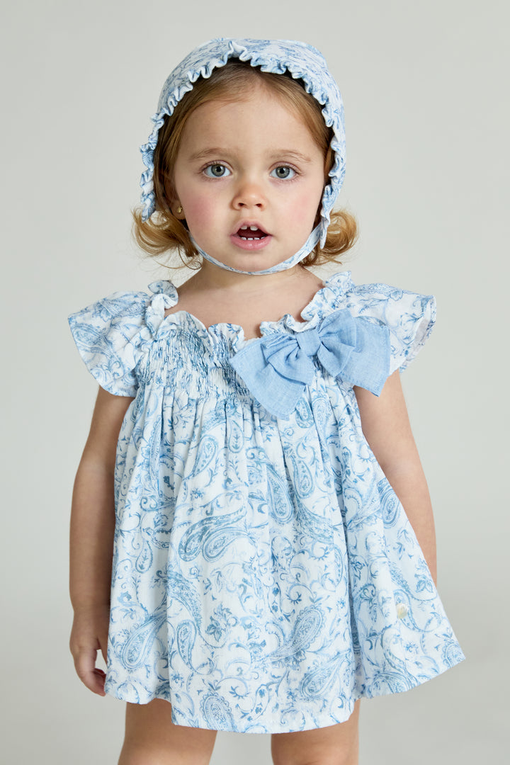 "Theodora" Blue Paisley Bow Dress & Bloomers