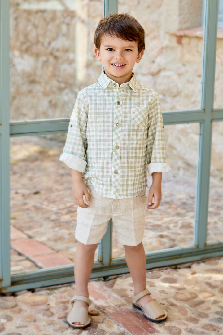 "Ambrose" Sage Green Gingham Shirt & Shorts