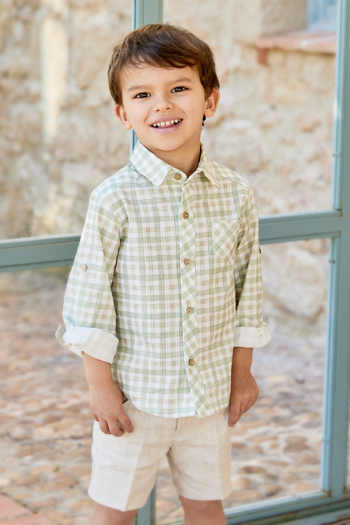 "Ambrose" Sage Green Gingham Shirt & Shorts