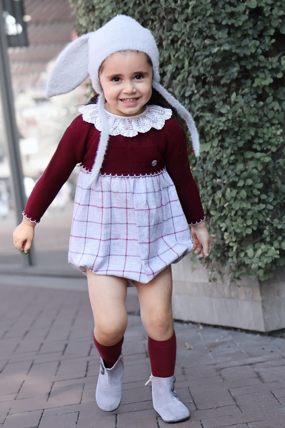 "Eliza" Burgundy Half Knit Tartan Romper