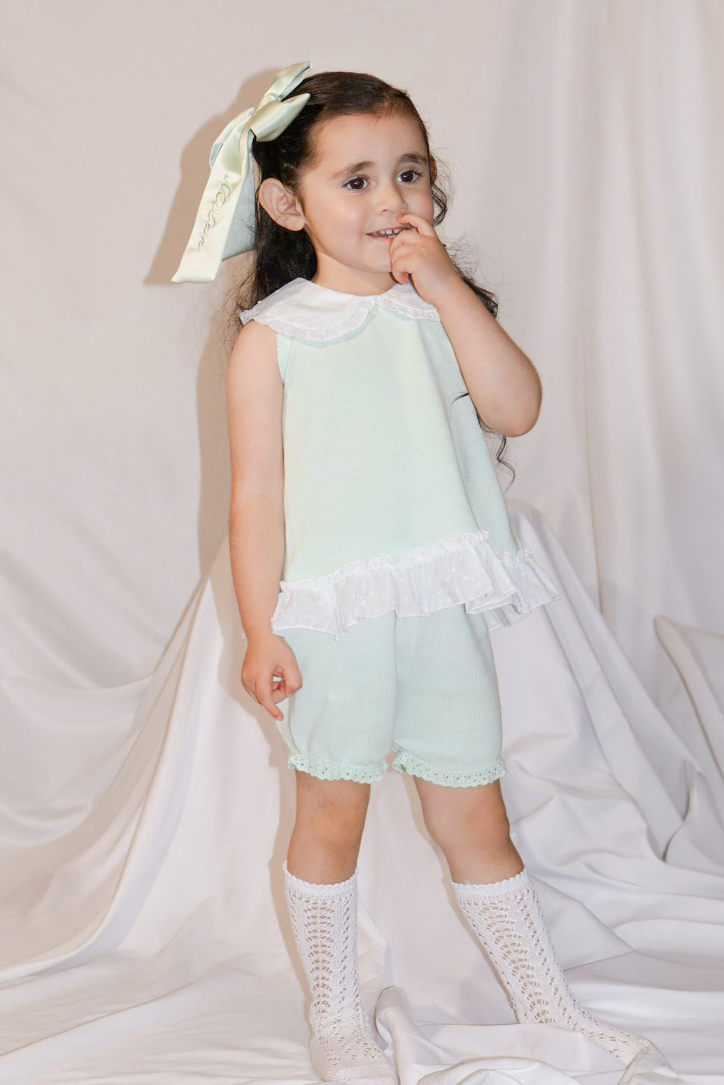 Granlei "Keke" Mint Plumeti Dot Bow Knit Blouse & Shorts | Millie and John