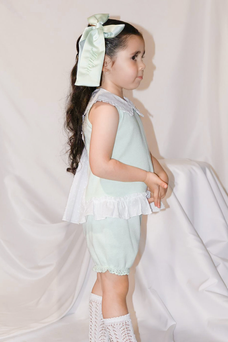 Granlei "Keke" Mint Plumeti Dot Bow Knit Blouse & Shorts | Millie and John