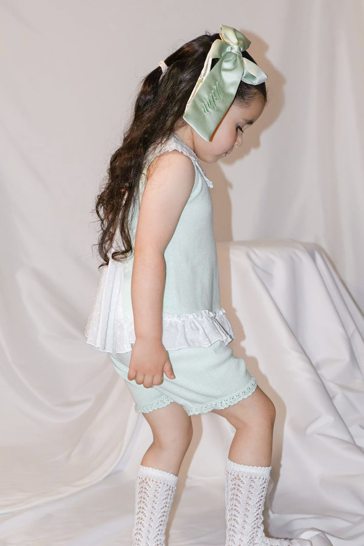 Granlei "Keke" Mint Plumeti Dot Bow Knit Blouse & Shorts | Millie and John