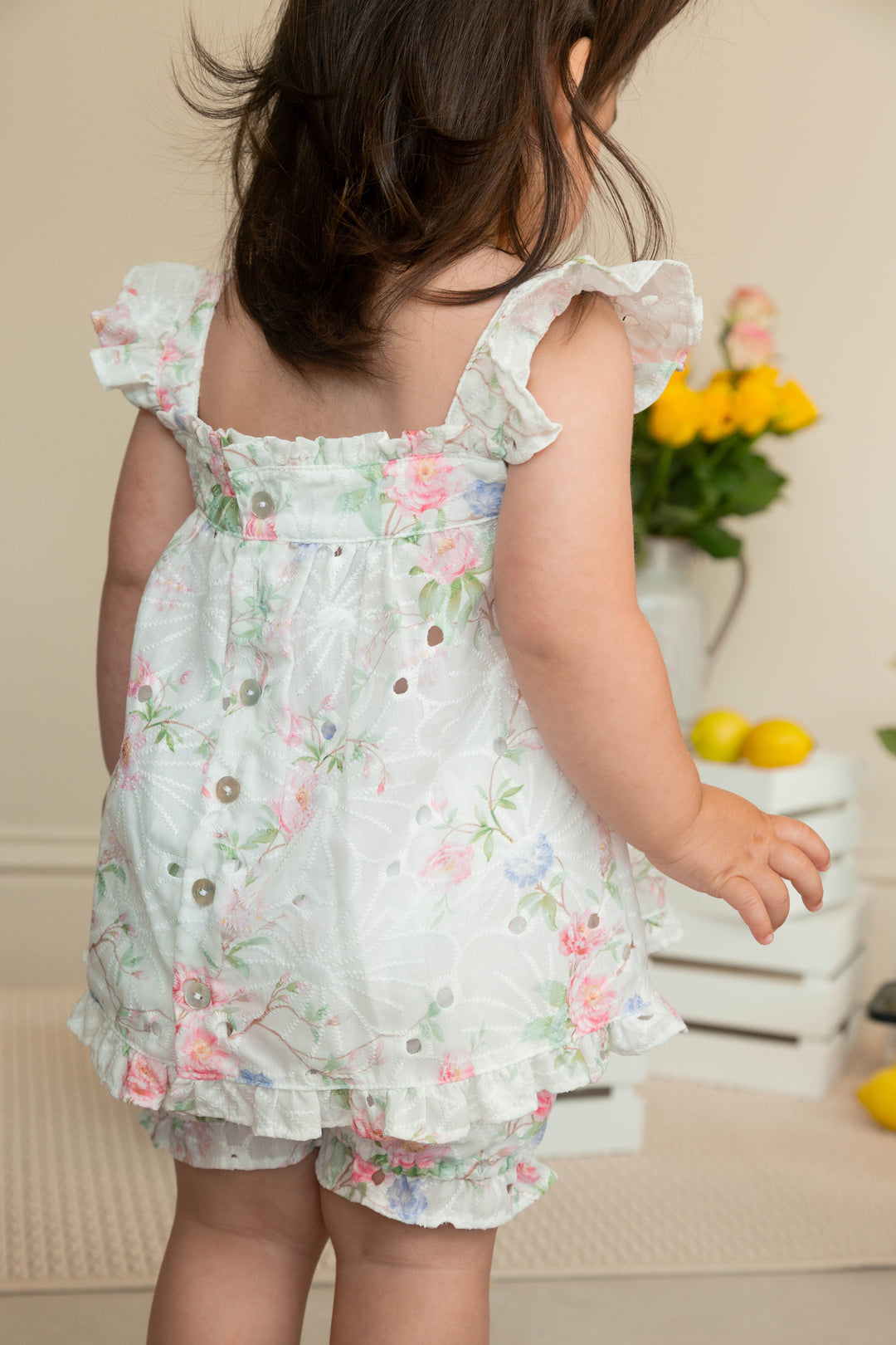 "Mila" Ivory & Pink Floral Broderie Anglaise Top & Bloomers