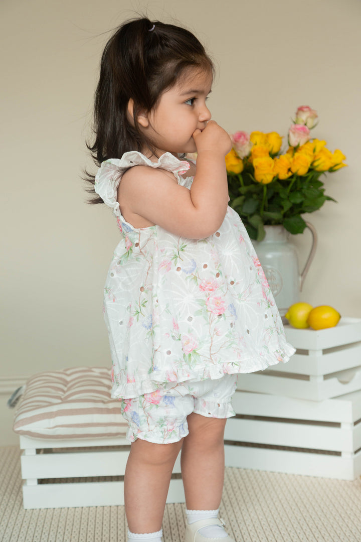 "Mila" Ivory & Pink Floral Broderie Anglaise Top & Bloomers