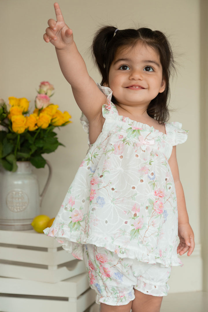 "Mila" Ivory & Pink Floral Broderie Anglaise Top & Bloomers