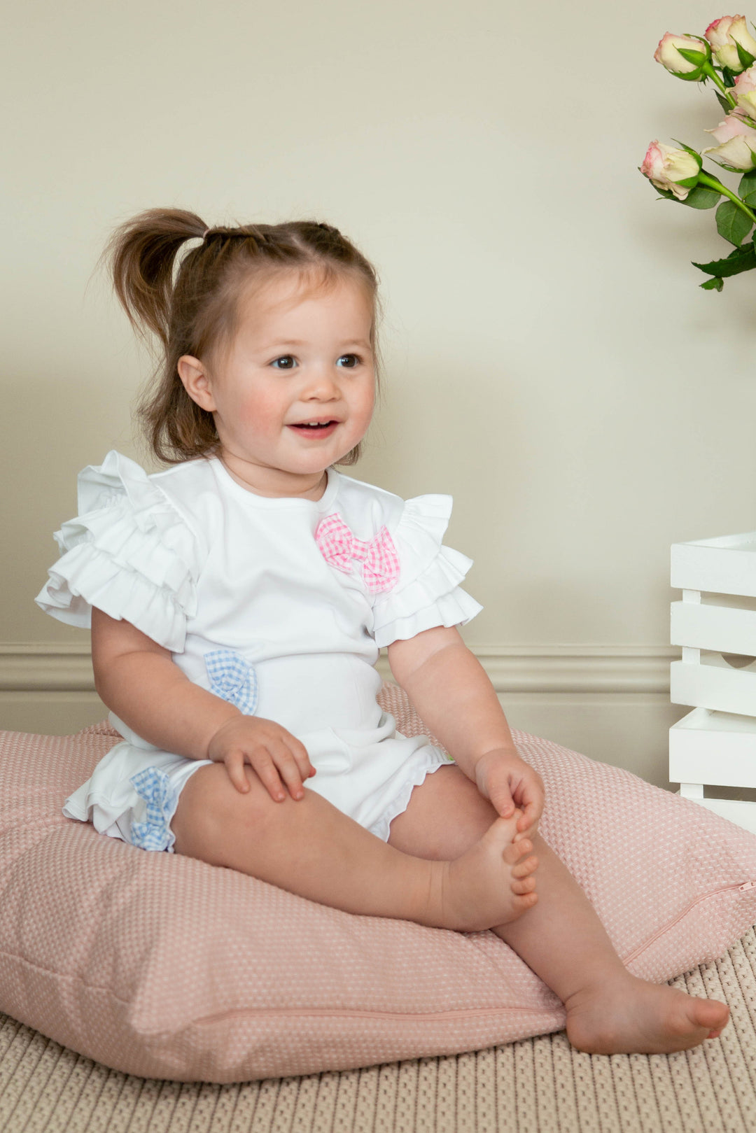 "Lucy" White Gingham Bow Top & Bloomers