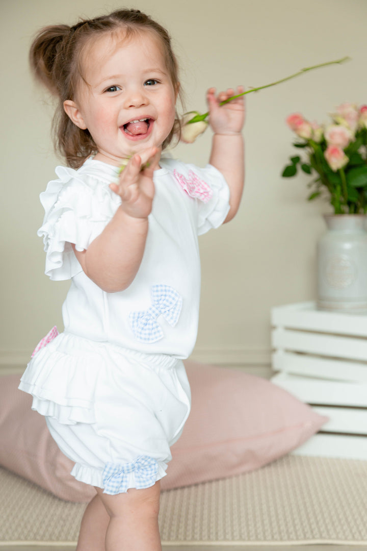 "Lucy" White Gingham Bow Top & Bloomers