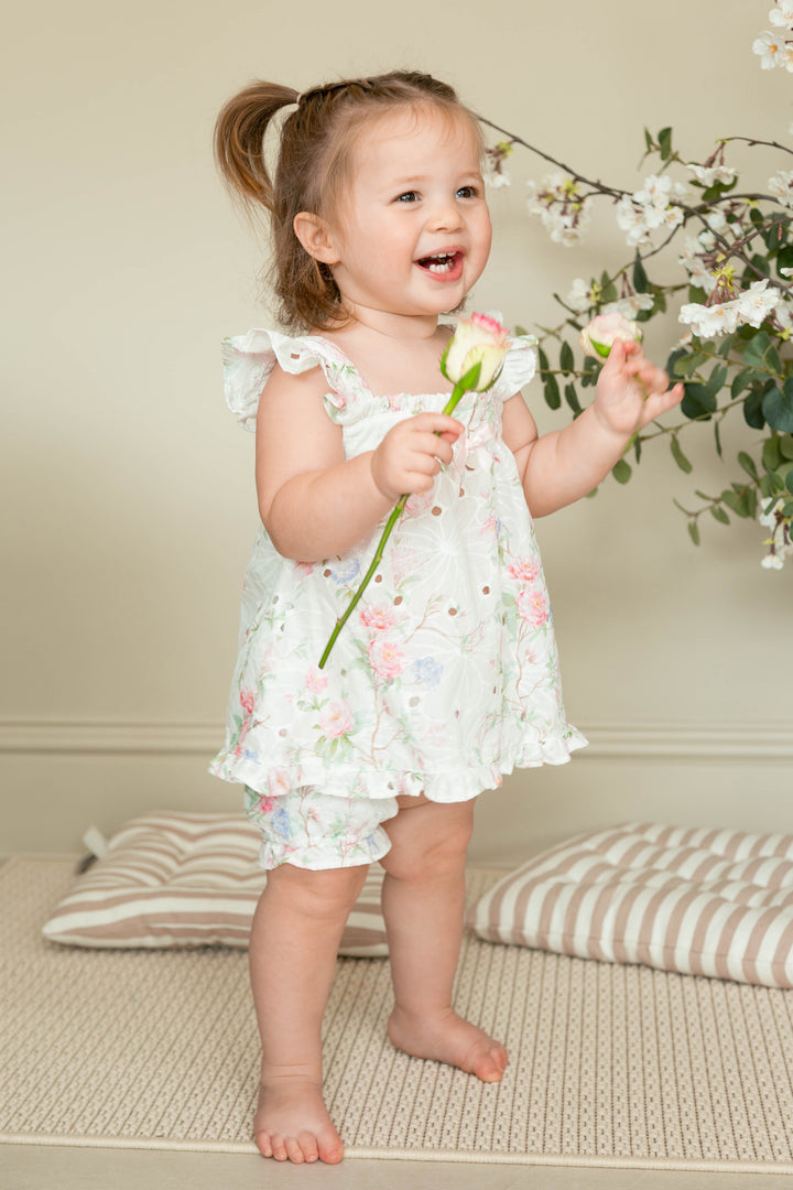 "Mila" Ivory & Pink Floral Broderie Anglaise Top & Bloomers