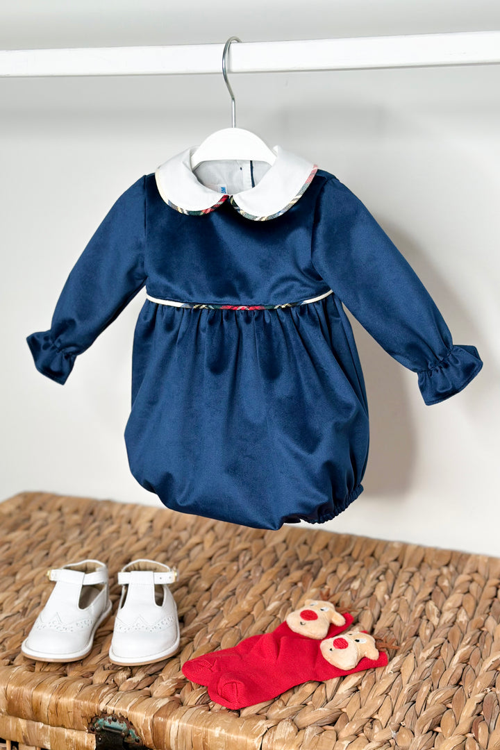 Puro Mimo "Benjamin" Midnight Blue Velvet Tartan Romper | Millie and John
