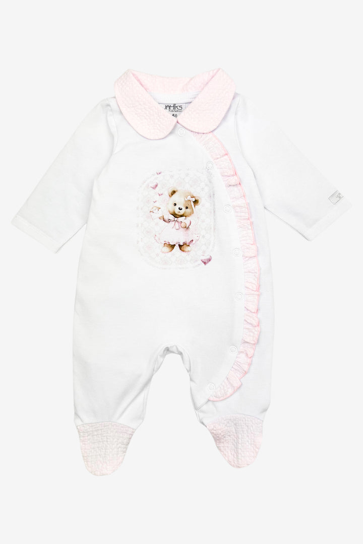 "Nelly" White & Pink Teddy Bear Sleepsuit