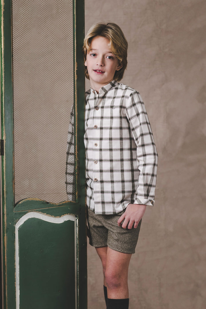 Eve Children "Ansel" Khaki Tartan Shirt & Tweed Shorts | Millie and John