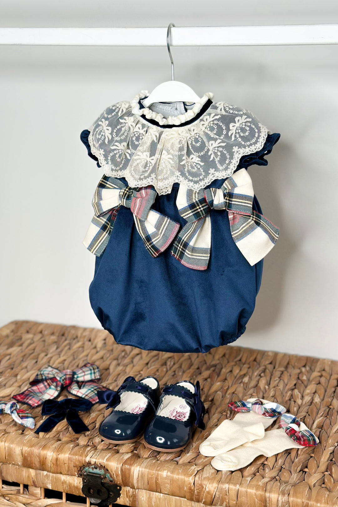 "Arianna" Midnight Blue Velvet Tartan Romper