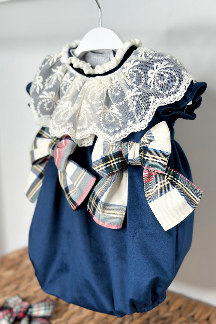 "Arianna" Midnight Blue Velvet Tartan Romper